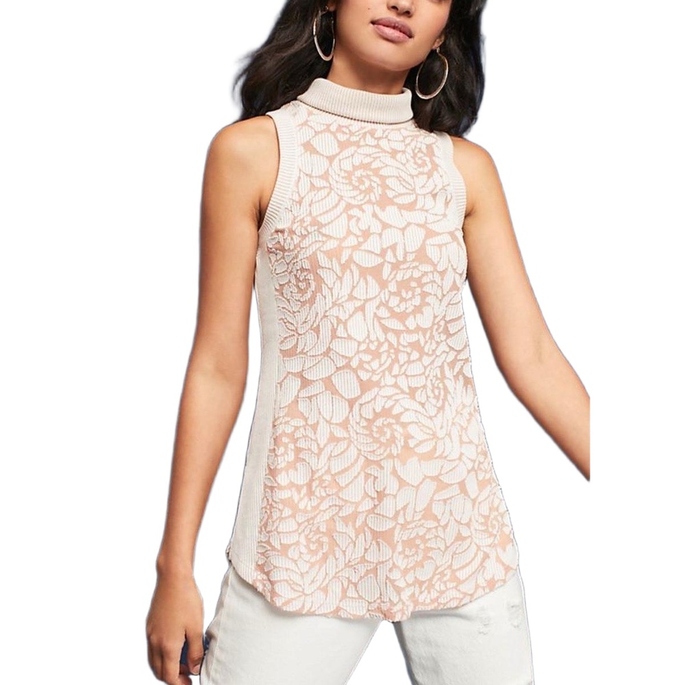 Meadow Rue Anthropologie Ivory‎ Ribbed Lace Overlay High Neck Sleeveless Top Med